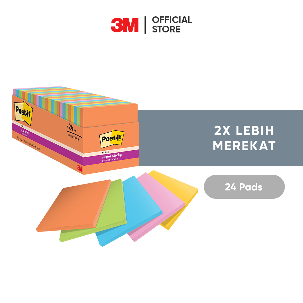 3M™ Post-it® Super Sticky, Notes, 2x Lebih merekat, 24 pads, 76x76 mm, Untuk ditempel di permukaan kertas