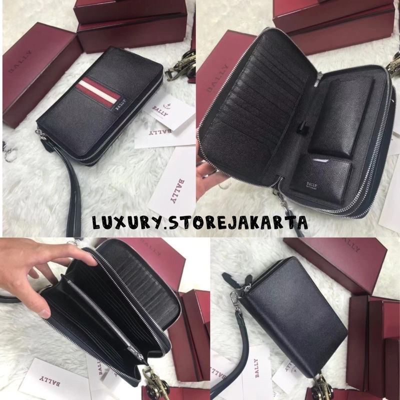 [LENGKAP BOX BALLY] CLUTCH BALLY WALLET MEN  ZIP  TRAVEL BLACK STRIPE RED ORIGINAL