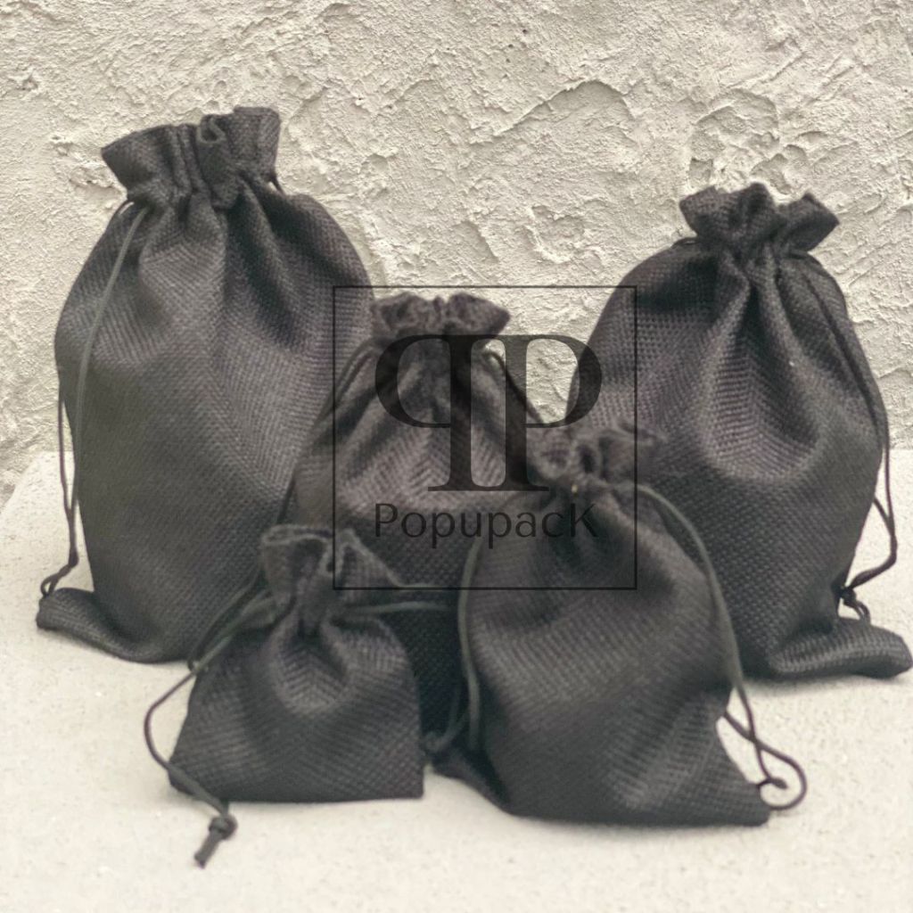 Pouch Serut Model Goni Kantong Serut Linen Drawstring Bag Goni BLACK