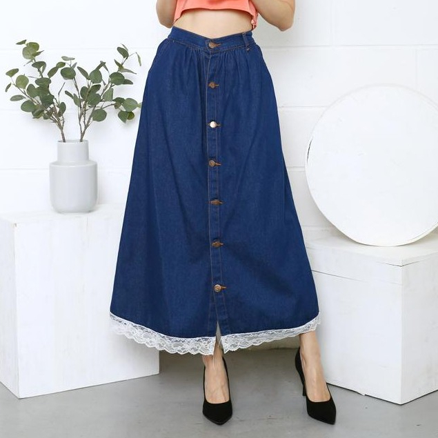 HOPYLOVY - Rok Jeans Panjang Rok Jeans Wanita Kancing Button Up Daniza Bawah Renda