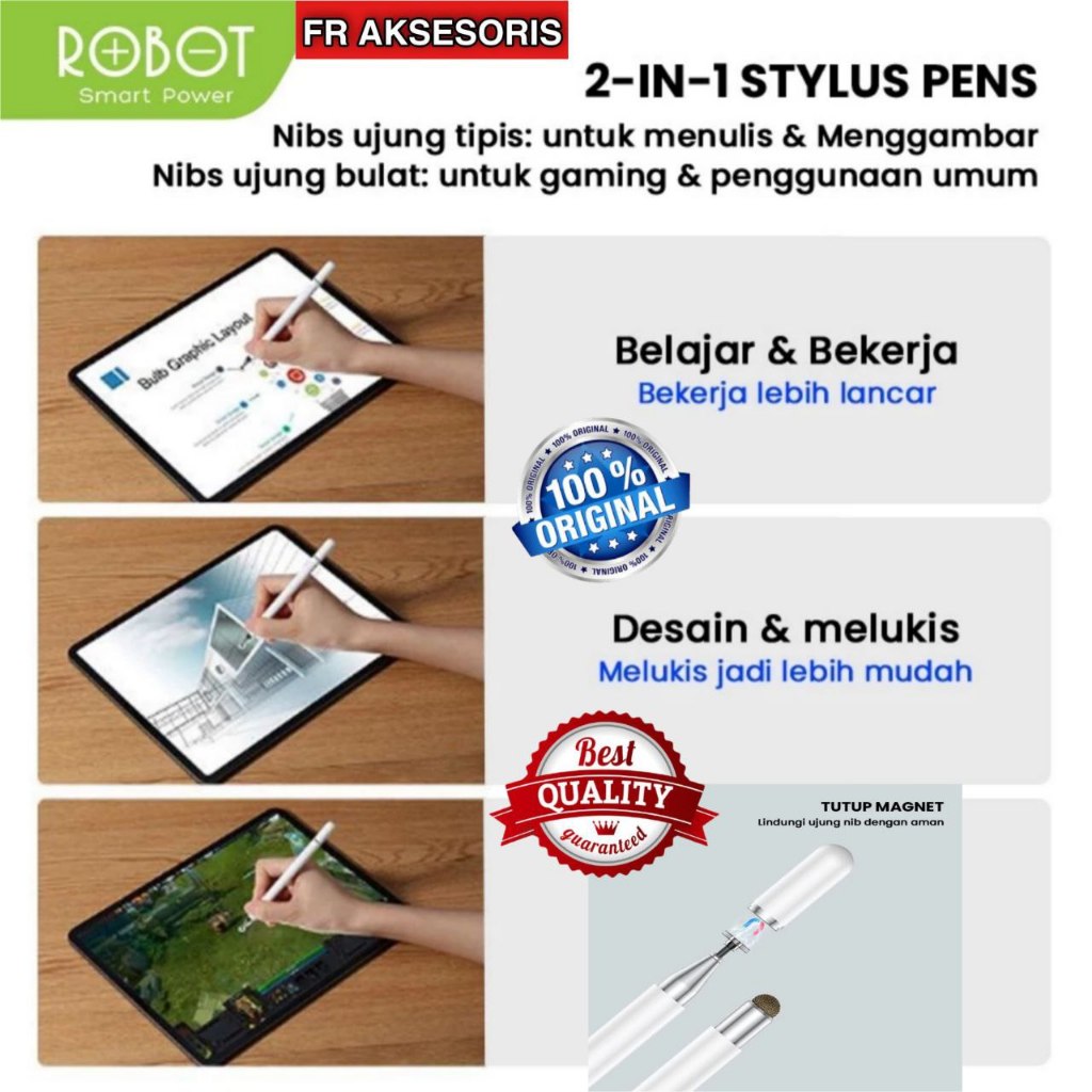 Murah Stylus Pen Universal ROBOT RSP01 2 in 1 Capacitive Stylus Pen Tablet HP LAPTOP