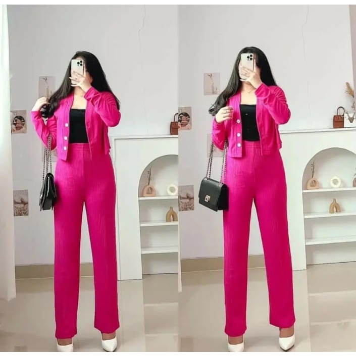 Terbaru Set Casey Premium Knit (Cardi+Pants) / Setelan Wanita Crop dan Celana Kulot