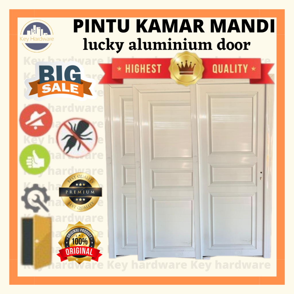 pintu kamar mandi/pintu utama/pintu kamar aluminium 70cm x2M urat kayu handle kanan -PUTIH
