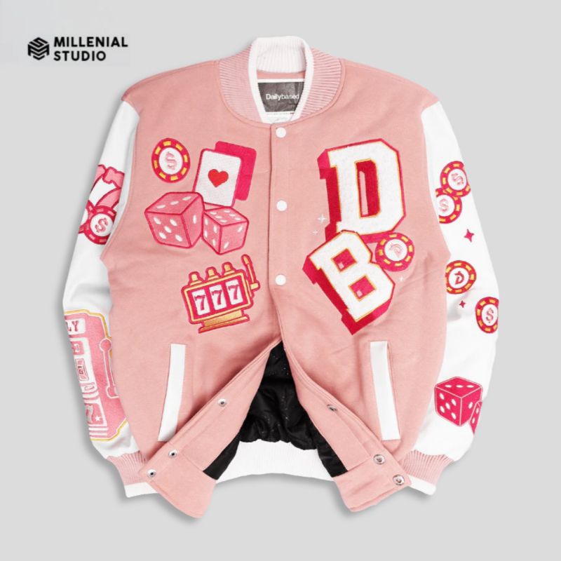 VARSITY JACKET LUCKY PINK GREEN | JAKET VARSITY KERAH BORDIR ORIGINAL DAILYBASED | MILLENIAL STUDIO 