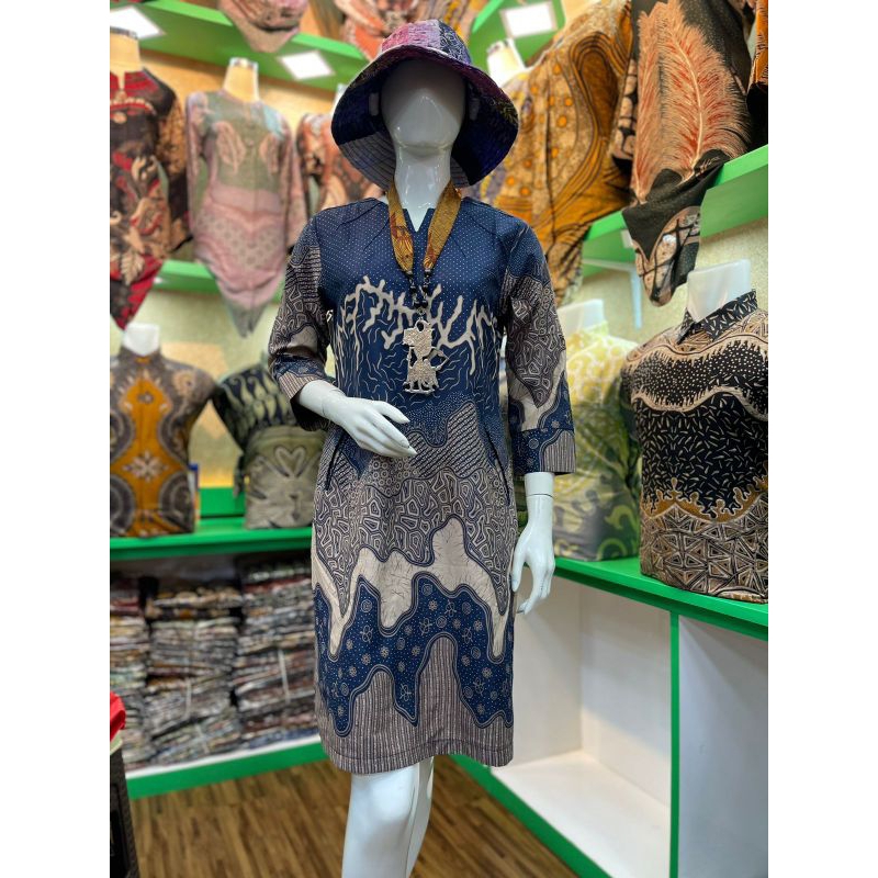 Batik Tunik Qistina Batik Bahan Katun Motif Biru Ombak