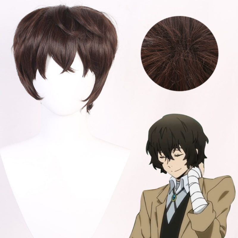 Wig Cosplay Dazai Osamu Wig Anime Rambut Pendek Dengan Poni Warna Darbrown