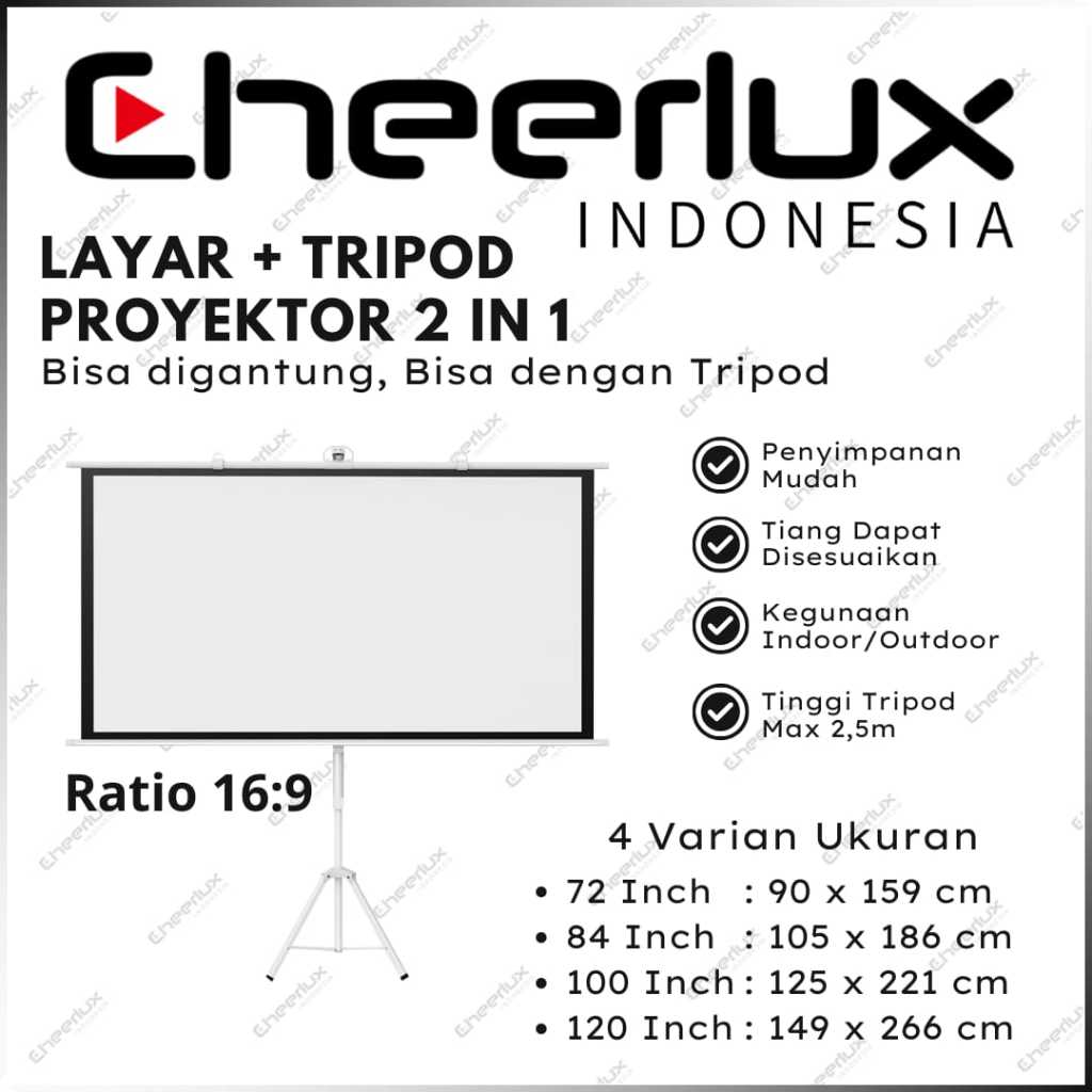 LAYAR PROYEKTOR PLUS TRIPOD 2 IN 1 16:9 dan 4:3 Screen Tripod Projector Standing 84 Inch 16:9 dan