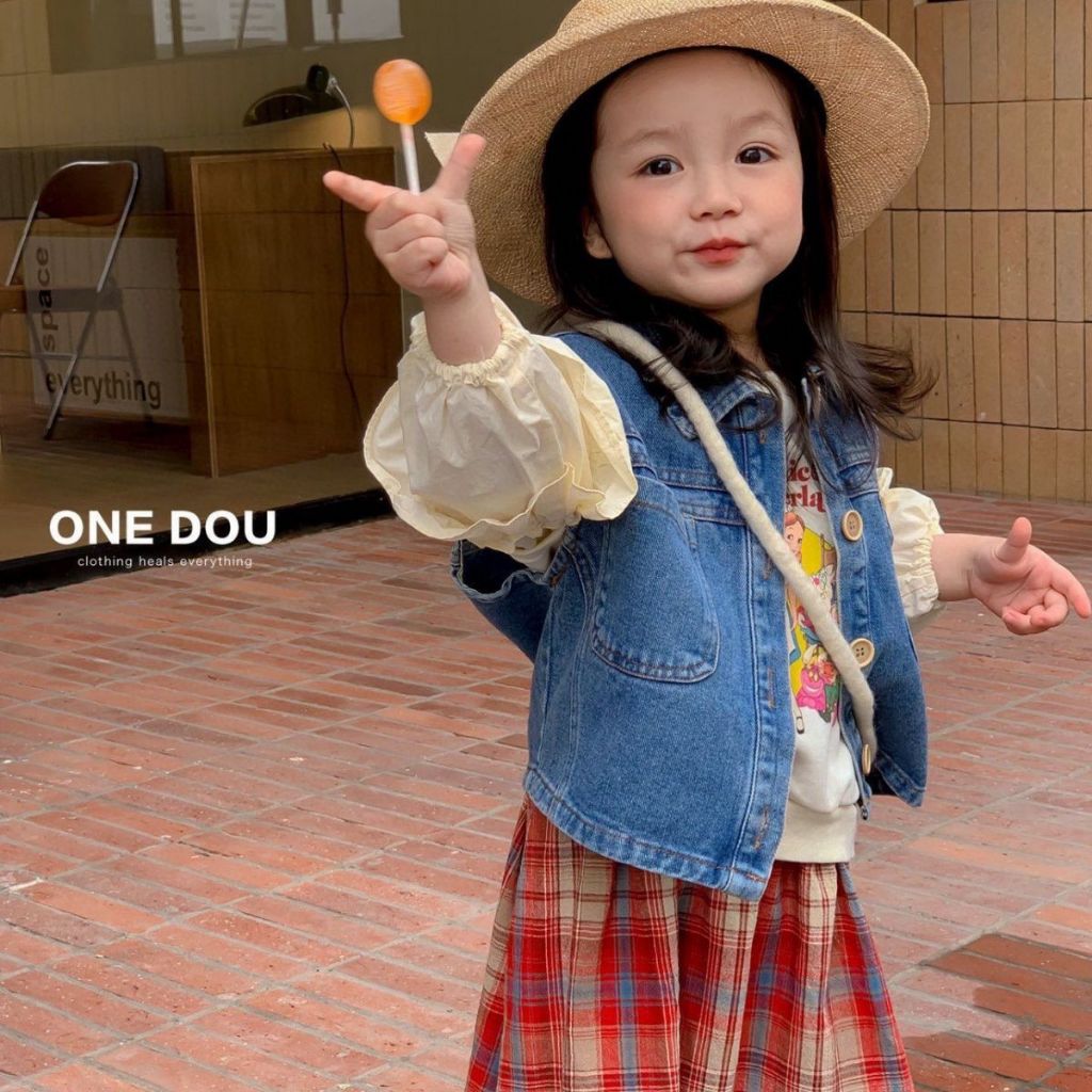 CACOA (1-7 TAHUN) One Set 2 in 1 Baju Lengan Panjang dan Rok Kotak Merah Motif Lucu Kekinian Katun B