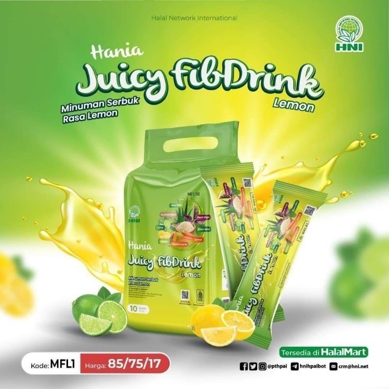 

HANIA JUICY FIBDRINK LEMON HNI ISI 10//Minuman Serbuk Rasa Lemon