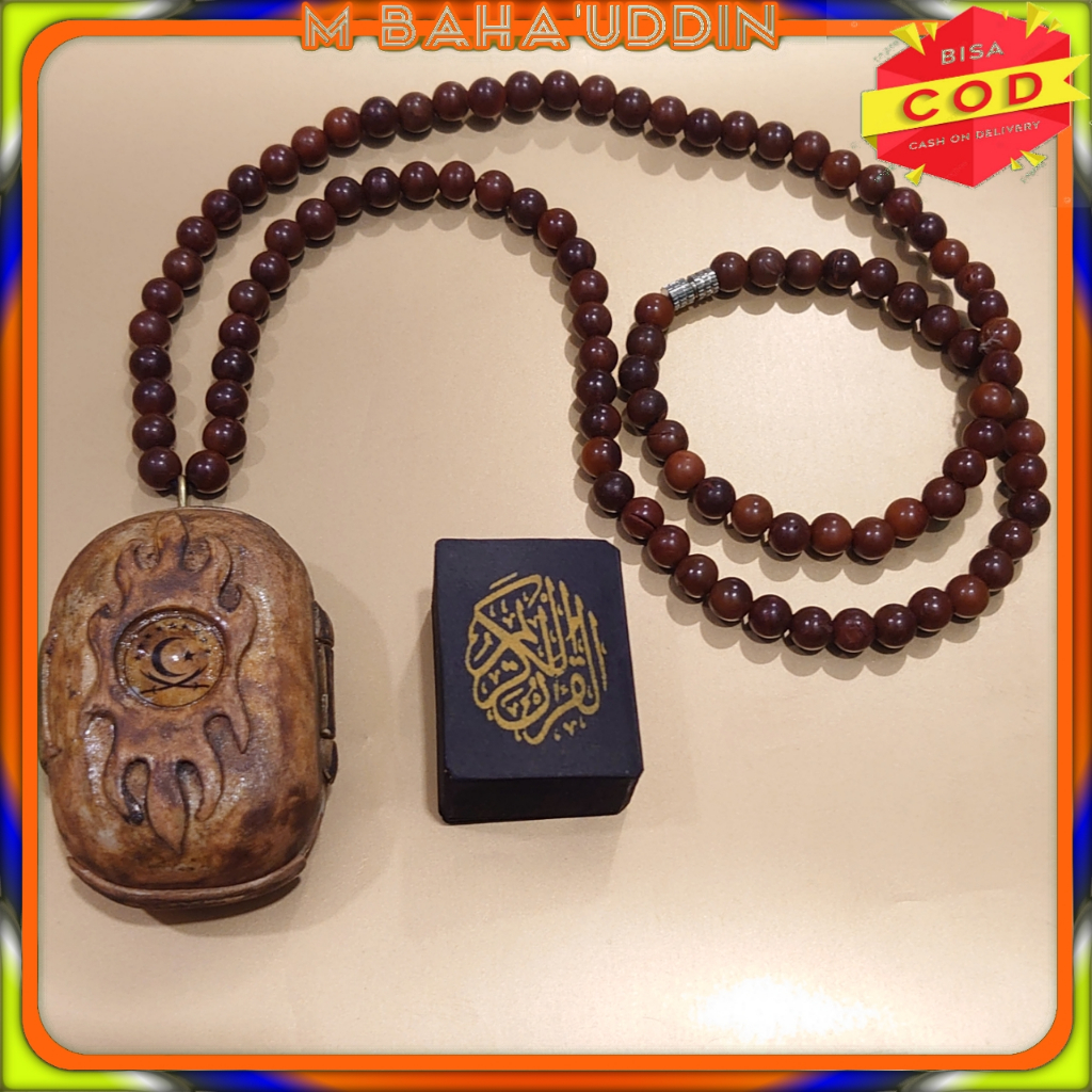 Stambul Al Qur'an pingulan warna hitam tinta emas wadah bandul antik+kalung kaoka