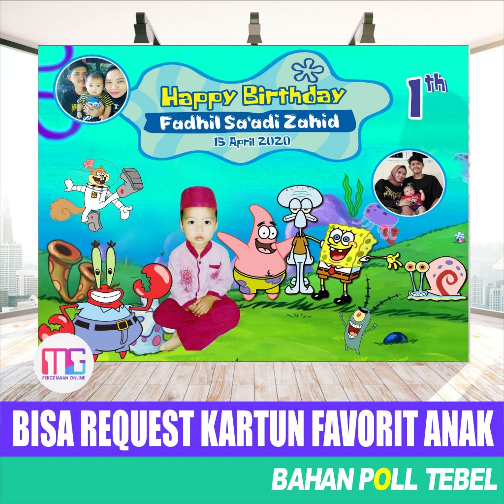 Spanduk Ulang Tahun Anak  cowok karakter spongebob squarepants - banner ultah anak laki laki spombob
