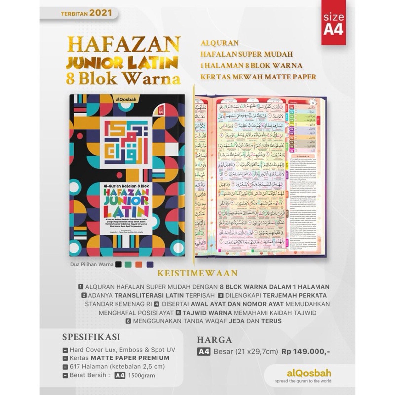 Alquran Hafazan JUNIOR Terjemah LATIN Perkata A4 / Besar Alqosbah