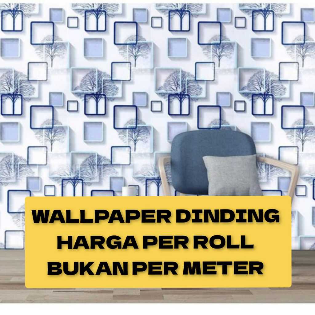 Wallpaper Dinding 3D POHON KOTAK BIRU Walpaper Sticker Kamar Ruang Tamu Dapur Rumah Cantik Modern