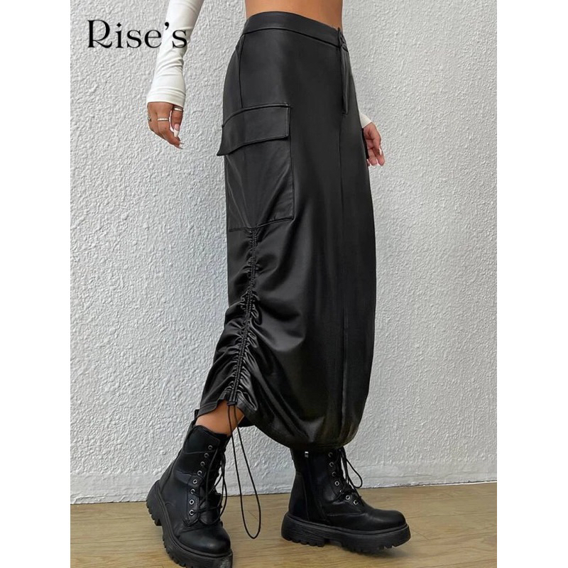Riseleather.id - Rok Kulit Wanita Panjang Double Serut