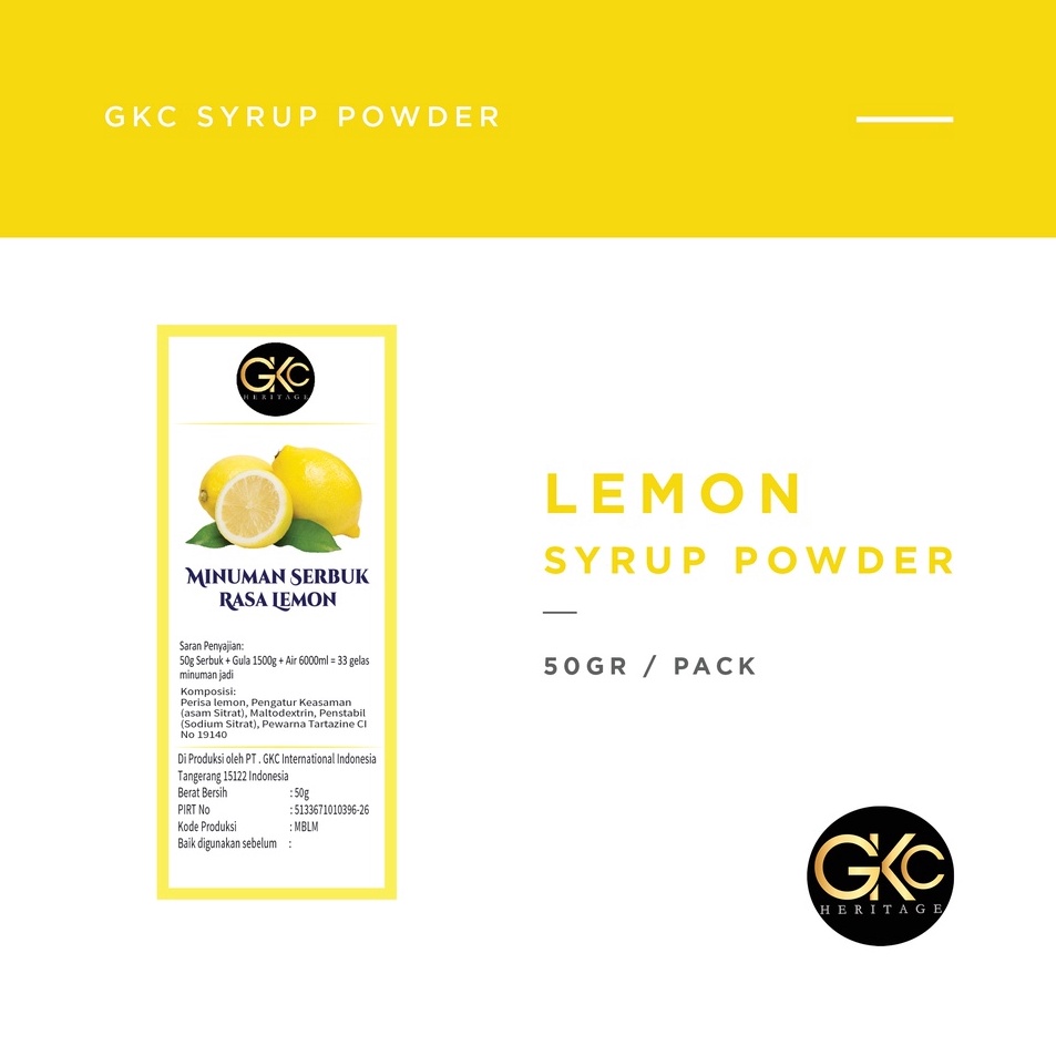 

TIPE KCN227 Bubuk Sirup Lemon / Powder Syrup Serbuk Minuman Powder Drink GKC Heritage Konsentrat 50 gram