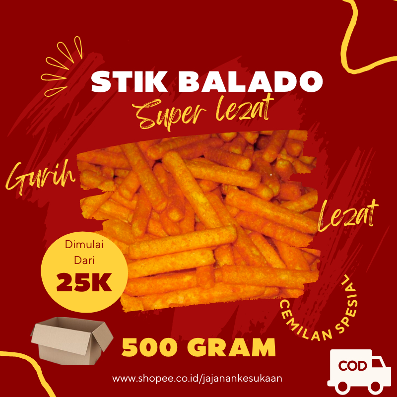 

Jajanan Kesukaan Stik Stick Balado Pedas Snack Kiloan Isi 500 GRAM Makanan Ringan Murah Gurih COD Gratis Packing Dus