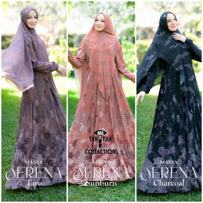 Set Gamis Dress Ceruty Babydoll Printing Premium Syari Branded Hitam - Ungu - Coklat - Merah Bata - 