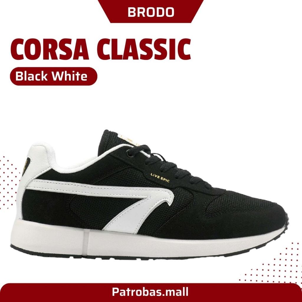 BRODO Corsa Classic Black White Original Sepatu Sneakers Casual Sport Pria Hitam Putih