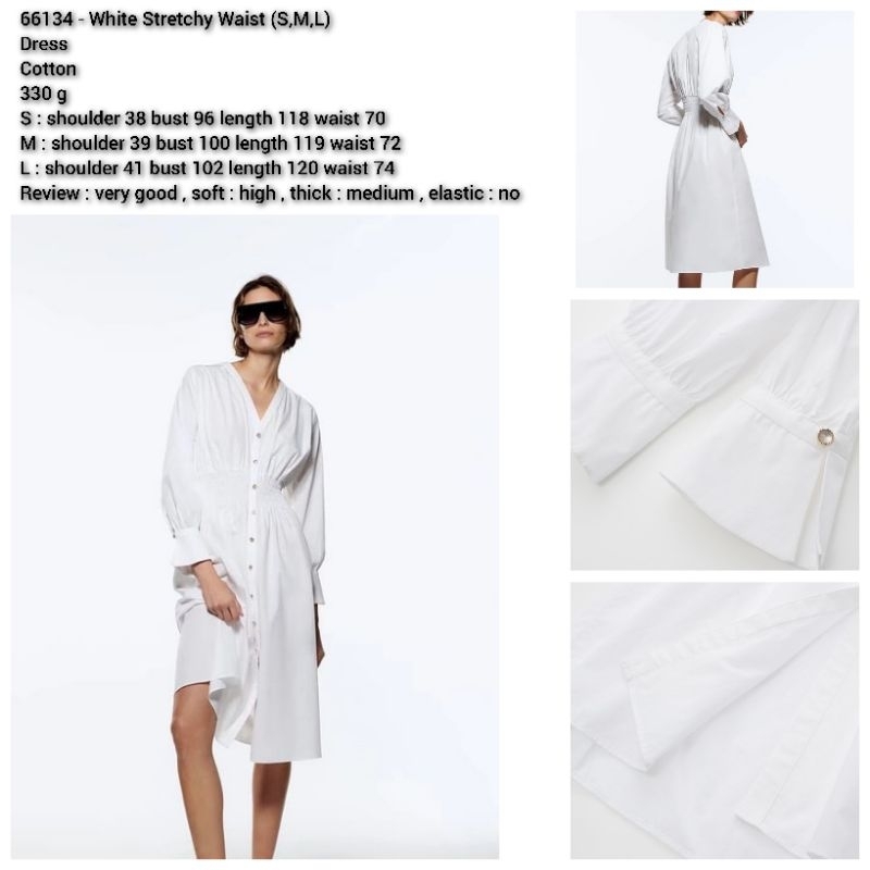 Dress midi putih polos v neck lengan panjang pinggang karet