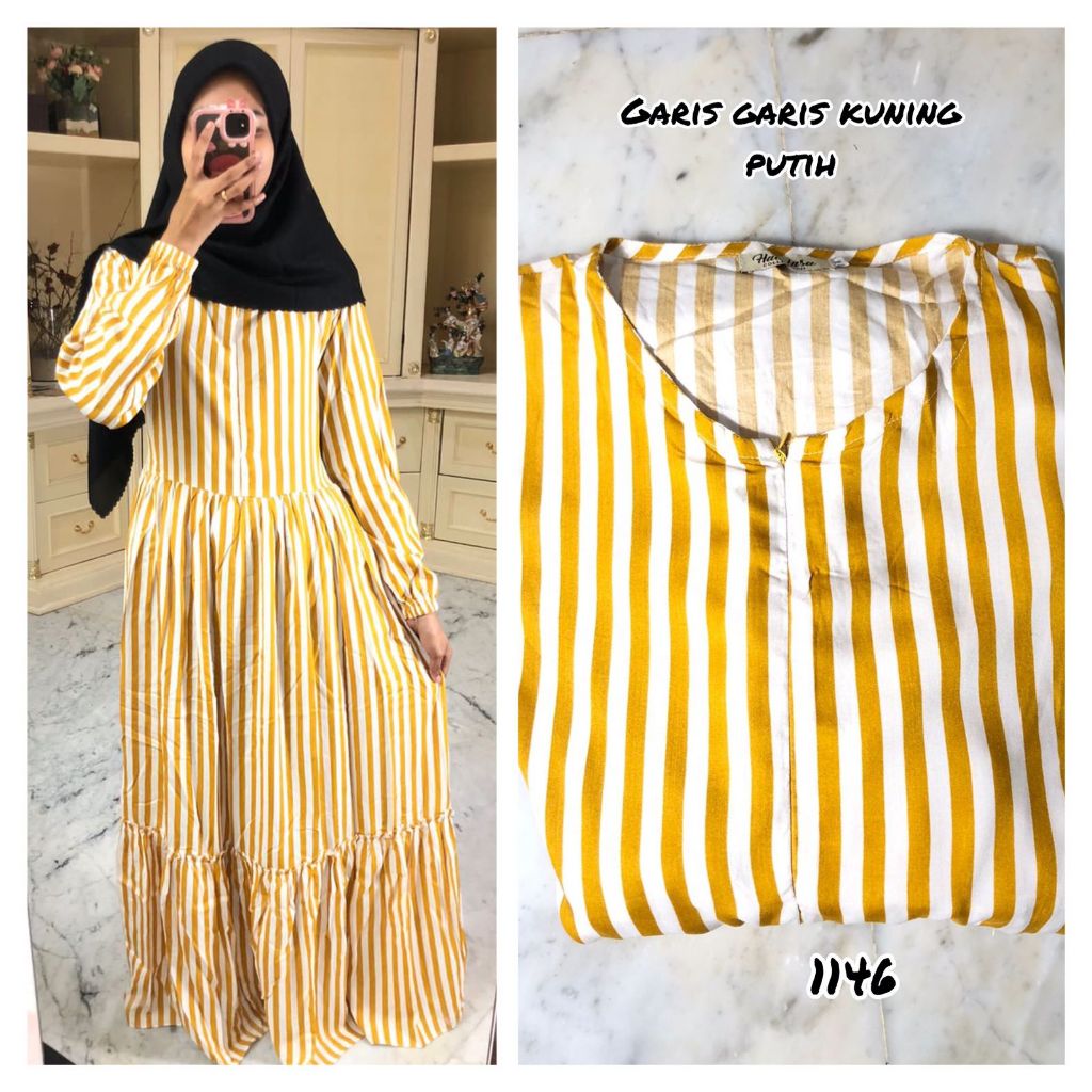 GAMIS RAYON MOTIF GARIS GARIS KUNING (PUTIH)