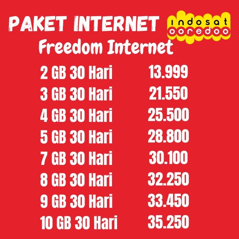 paket internet Indosat bulanan 2gb 3gb 4gb 5gb 7gb 8gb 9gb 10gb /kuota internet murah/kuota internet