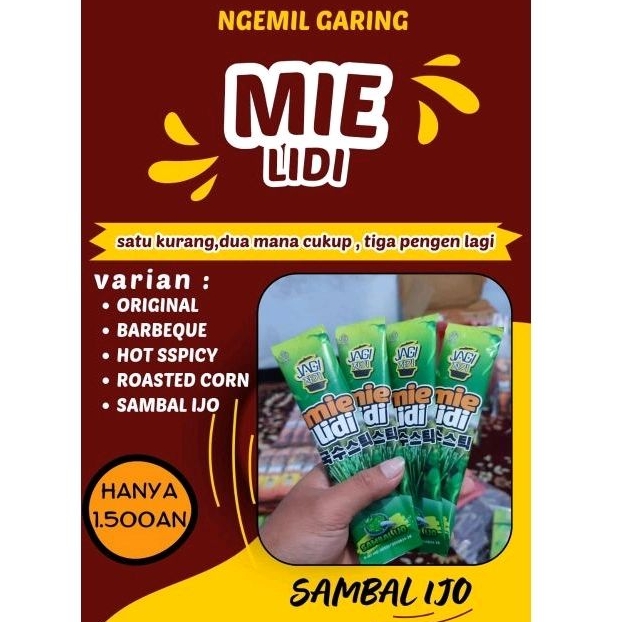 

MIE LIDI JAGI SAMBAL IJO/ MIE LIDI NON MSG/ MIE LIDI ECER 10 PCS