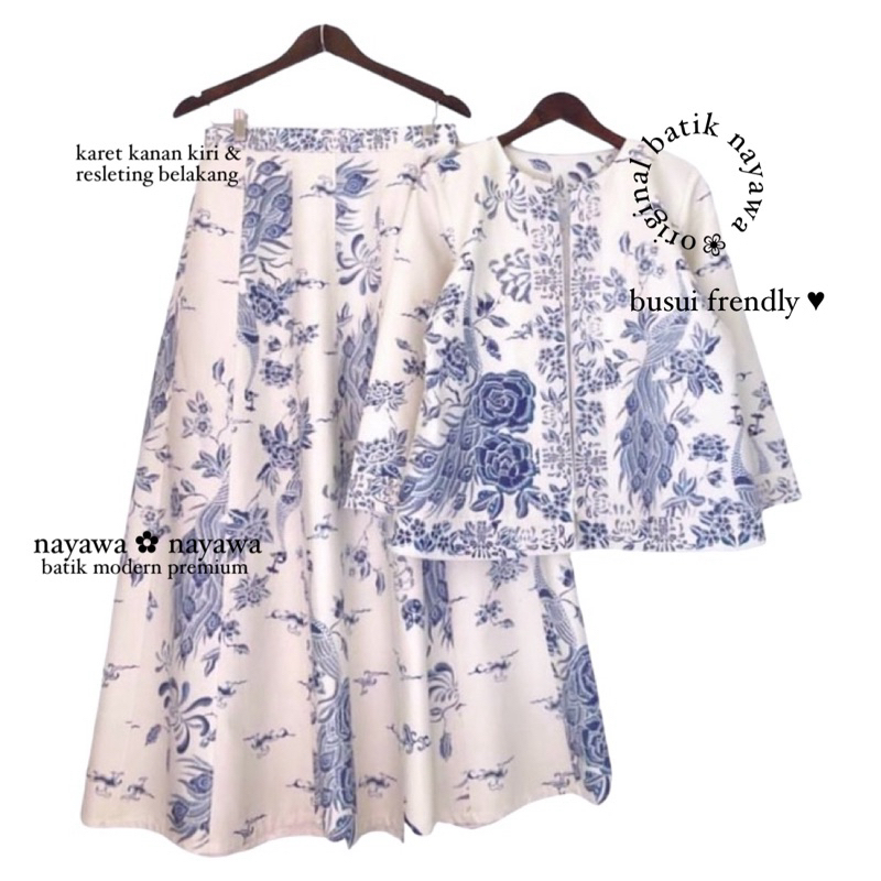 Batik Nayawa Mandala One Set Warna Biru Outfit Lebaran Rok Blouse One Set Merak Bahan Katun Furing T
