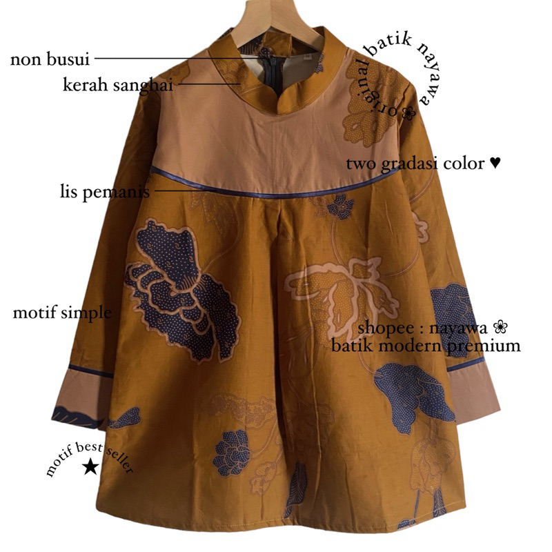 Batik Nayawa Poppy Blouse Batik Modern Warna Coklat Batik Indonesia Wanita Kerja Simple