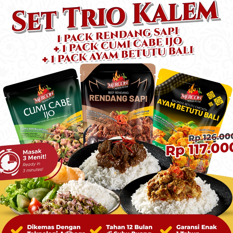 

TIPE LTQ422 Mercon Merah Putih - Set Trio Kalem || Rendang Sapi + Cumi Cabe Ijo + Ayam Betutu