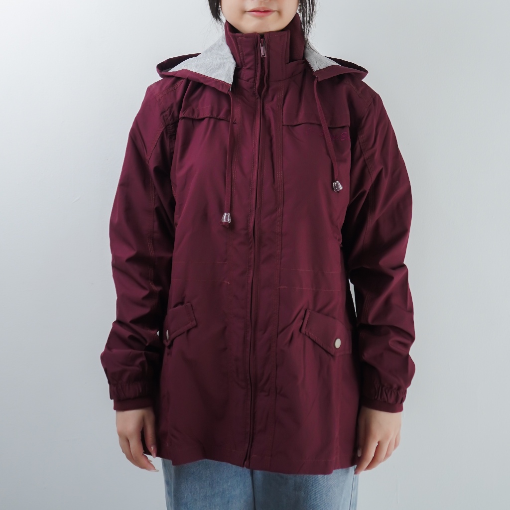 MUSTEVANS JAKET HOODIE PARASIT PARKA WATERPROOF WANITA BURGUNDY
