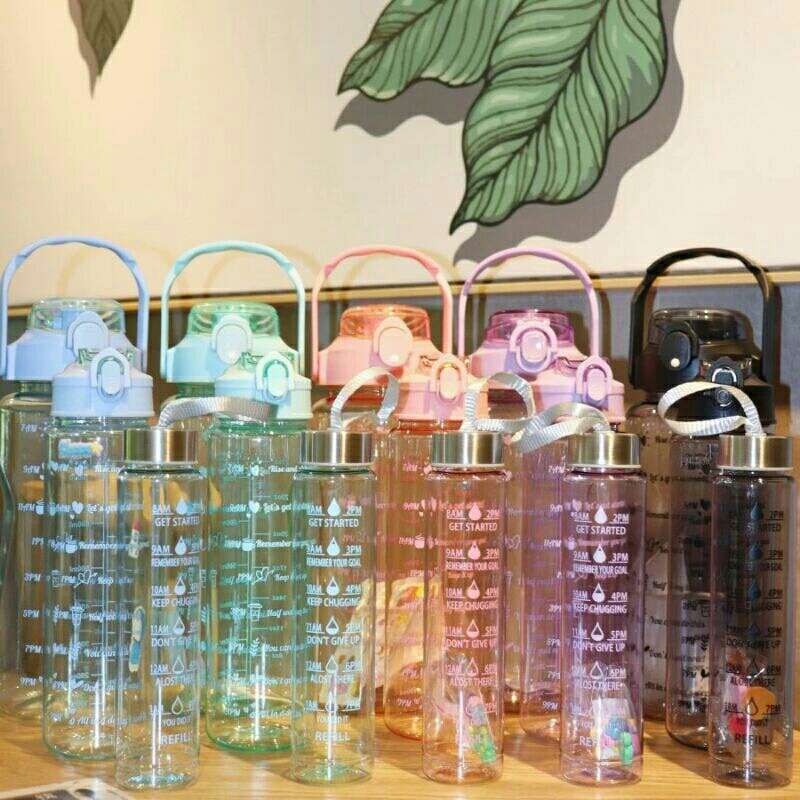 BOTOL MINUM BERANAK 2 IN 1 TRANSPARAN / BOTOL MINUM MOTIVASI 2 PCS / BOTOL MINUM VIRAL / SET BOTOL M