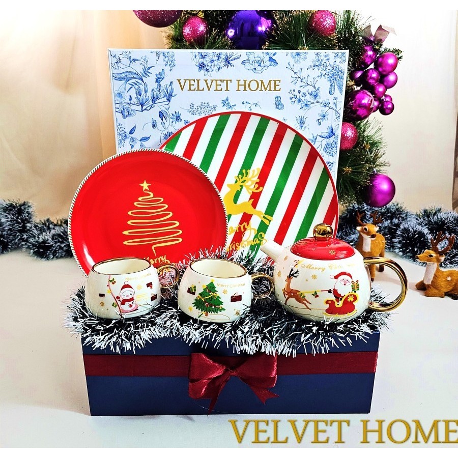 

Parcel Natal christmas hampers gift set parsel piring cangkir teapot kado hadiah gift santa claus klau tea set teacup cangkir piring makan hiasan