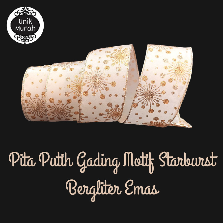 

Pita Putih Gading Motif Starburst Berglitter Emas 1's