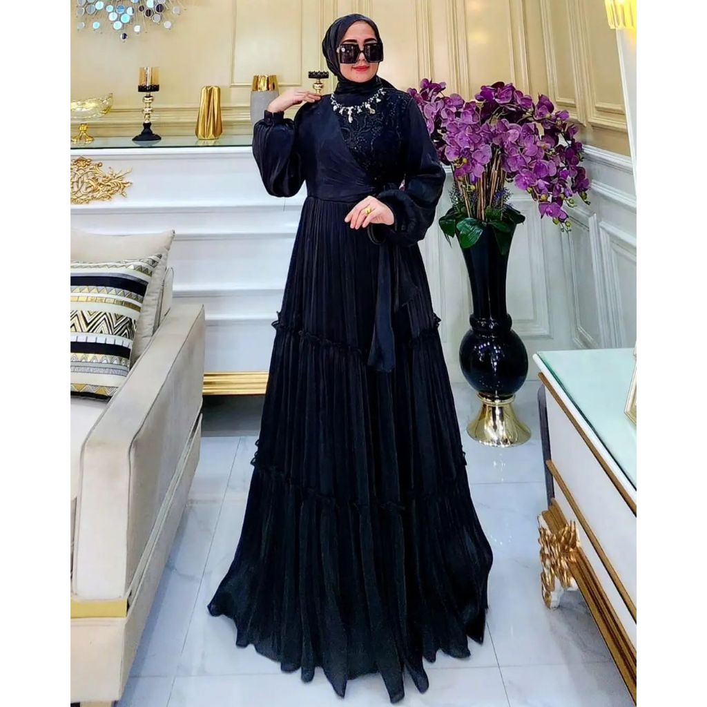 Syahrini Dress Fashion Gamis Muslim Gamis kekinian  Bahan Ceruty Babydoll Dress Kondangan Mewah HOB