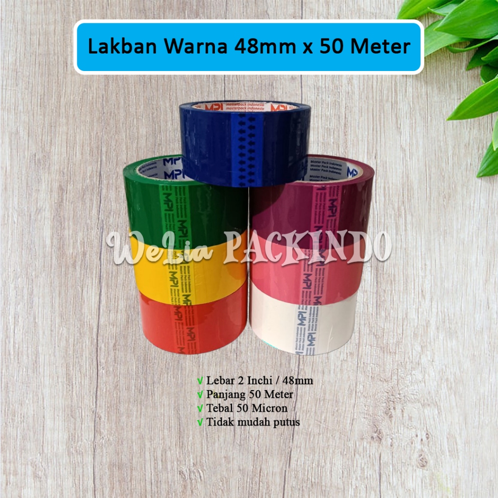 

Lakban Plastik Warna Warni 2 Inchi 48mm x 50 Meter MPI / Isolasi Selotip Merah Kuning Hijau Biru Putih Pink Ungu 48mm 50M