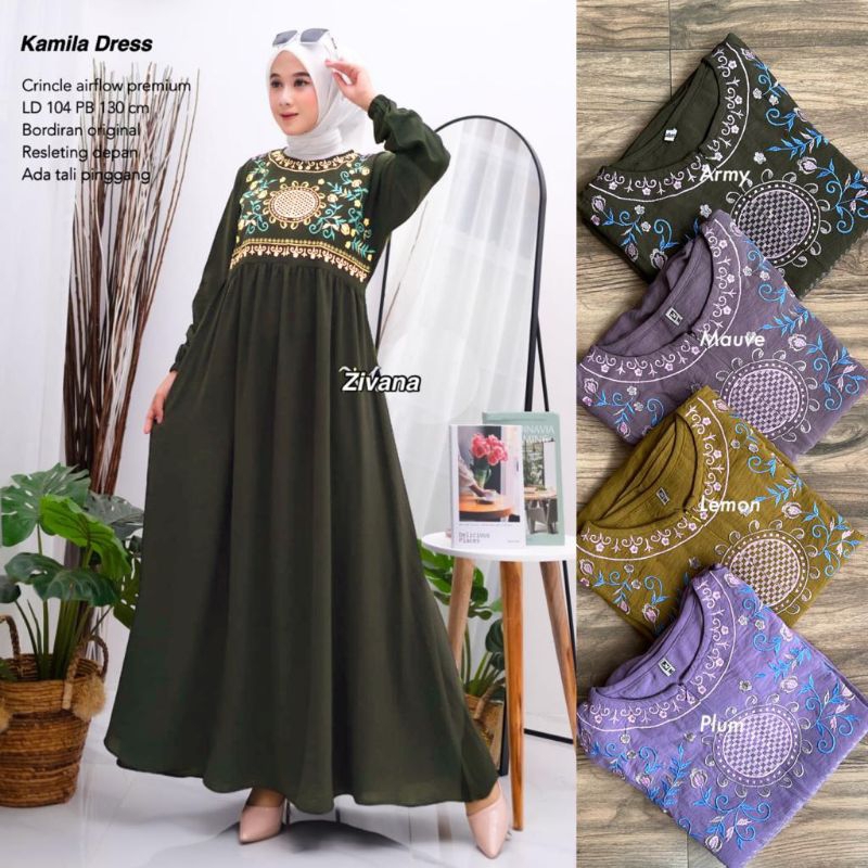 KAMILA DRESS WANITA AIRFLOW BORDIR / Gamis Bordir / Dress Lebaran / Dress Polos