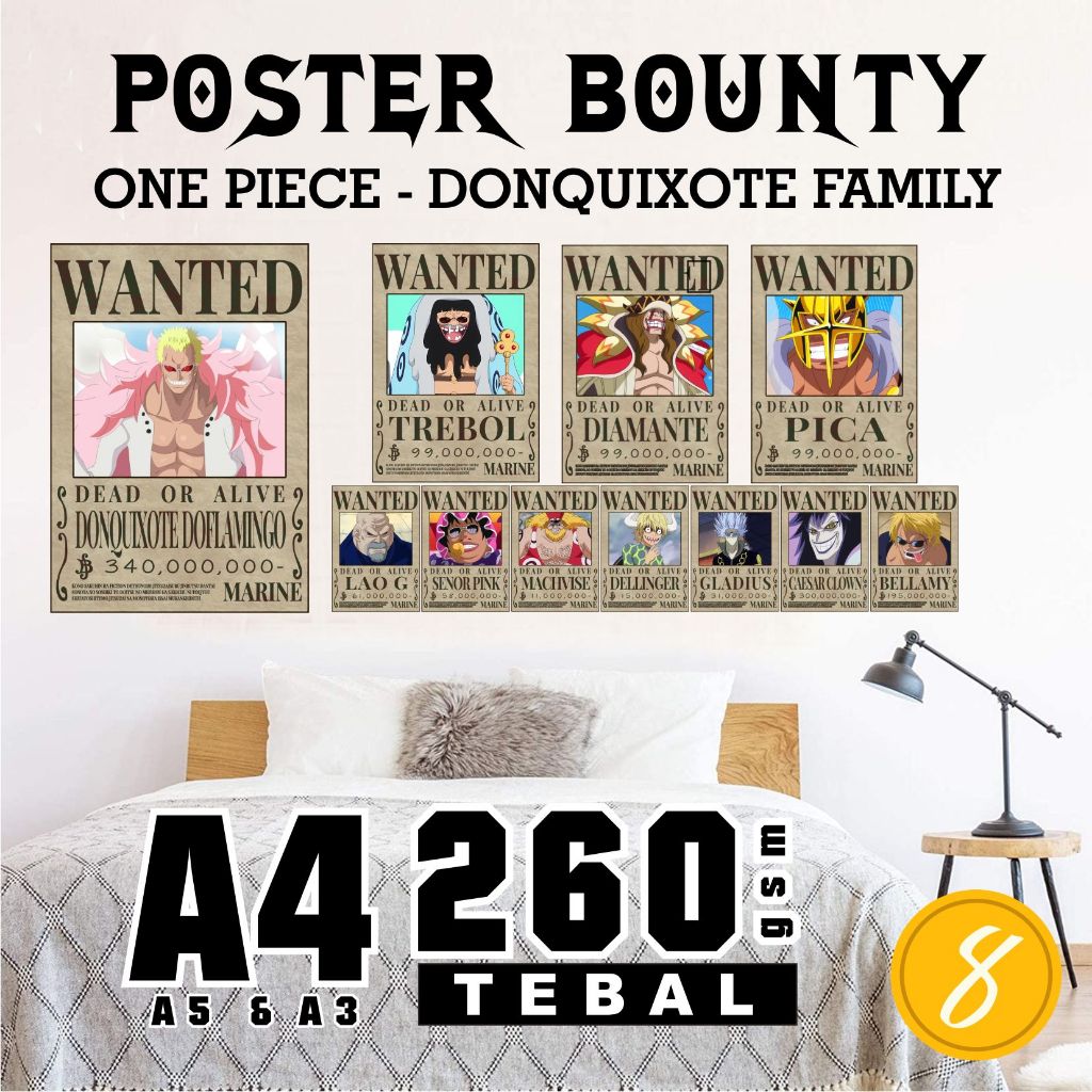 1 set Poster Wanted Donquixote Family / Hiasan Kamar Bounty One Piece Kru Shichibukai Doflamingo
