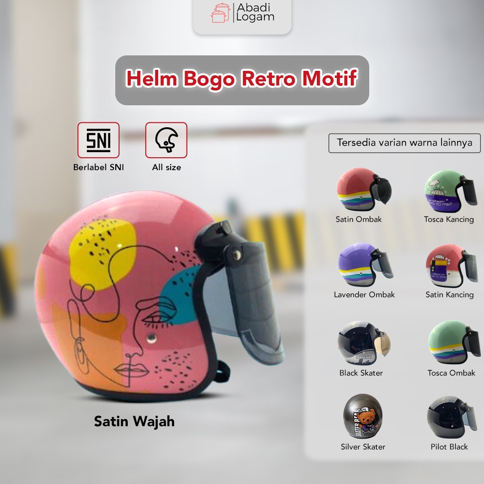 STOK TERBARU Helm Bogo Dewasa Motif Lucu Retro Classic Cepol Hijab Wanita Pria SNI Full Leher