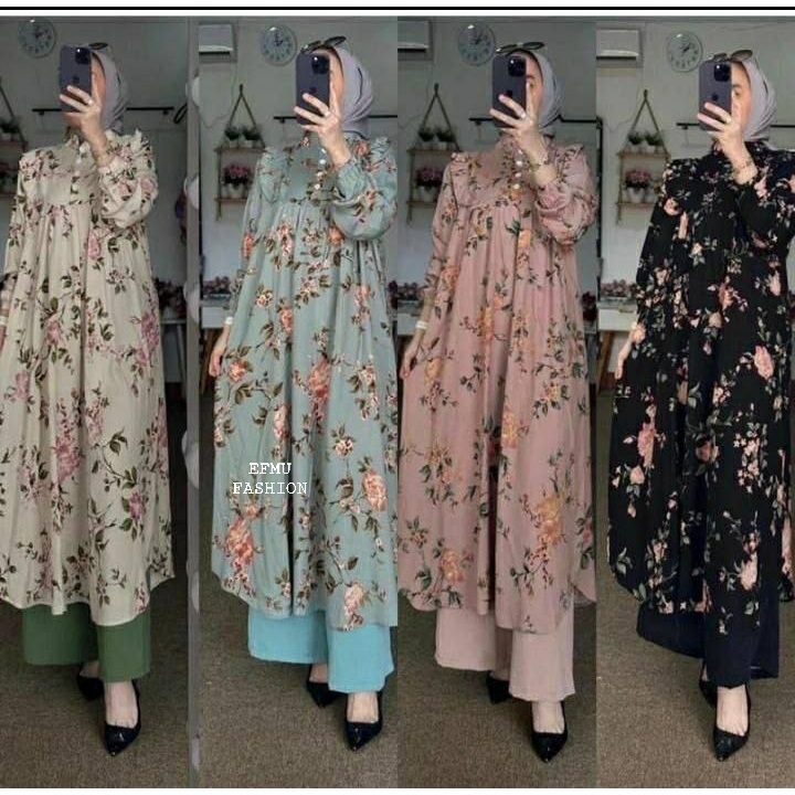 Setelan Inara Bunga Oneset Long Tunik Rayon Diamond Celana Cringkle Premium Busui Frendly Jumbo
