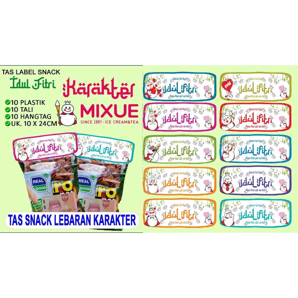 

20 PAKET TAS SNACK LEBARAN KARAKTER MIXUE, TAS SNACK LEBARAN PLASTIK LABEL DAN TALI BISA UNTUK THR ULANG TAHUN SOUVENIR AMPLOP LEBARAN