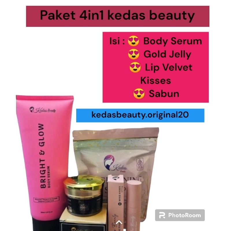 Paket 4in1 kedas beauty body Serum + sabun + gold Jelly + lip velvet kisses kedas beauty original 100%