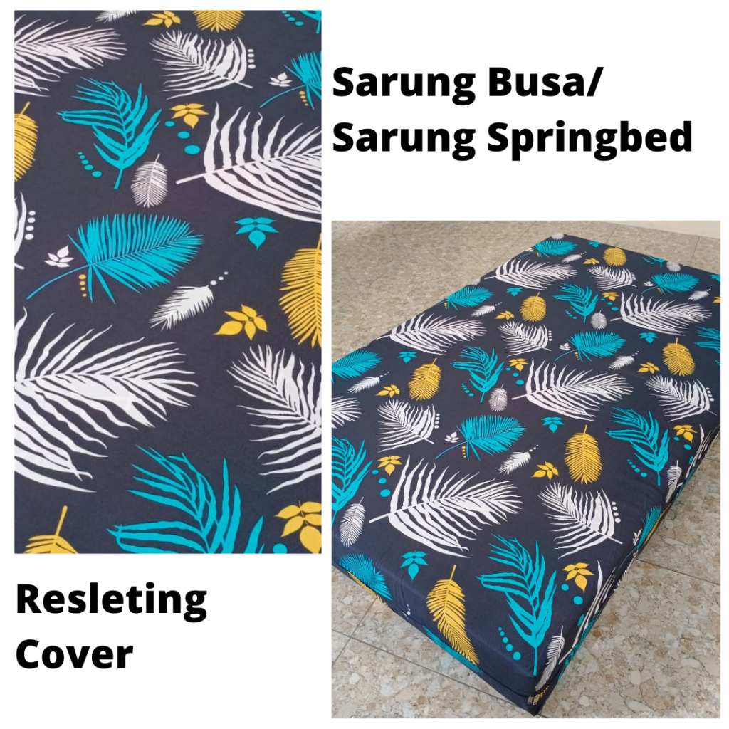 Sarung Busa / Springbed Resleting Cover Motif Abstrak Blarak Putih Biru Tosca | 90x200, 100X200, 120