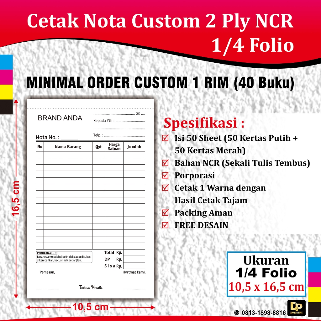 

CETAK NOTA 2 PLY NCR UKURAN 1/4 FOLIO