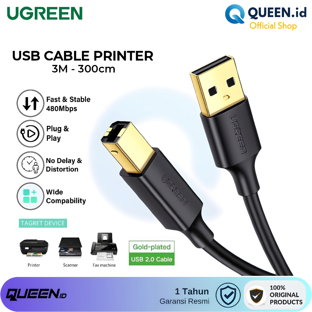 UGREEN 10351 Kabel Data Printer 3M USB A To B 2.0 Gold Plated US135 - Kabel Data Sambungan Printer U