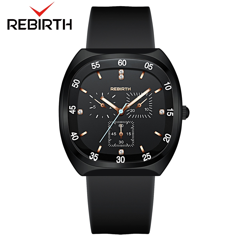 REBIRTH Jam Tangan Wanita Anti Air Original Kasual Mode Tali Silikon Jam Tangan Cewek Korea-Black