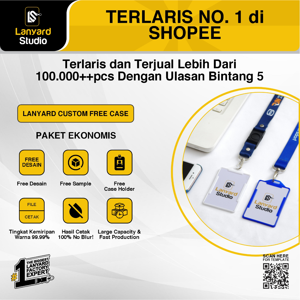 

Cetak Tali Lanyard ID Card Gantungan Name Tag ID Card Custom Nama dan Logo Full Color 2 Sisi Free Case Holder dan Kait HP