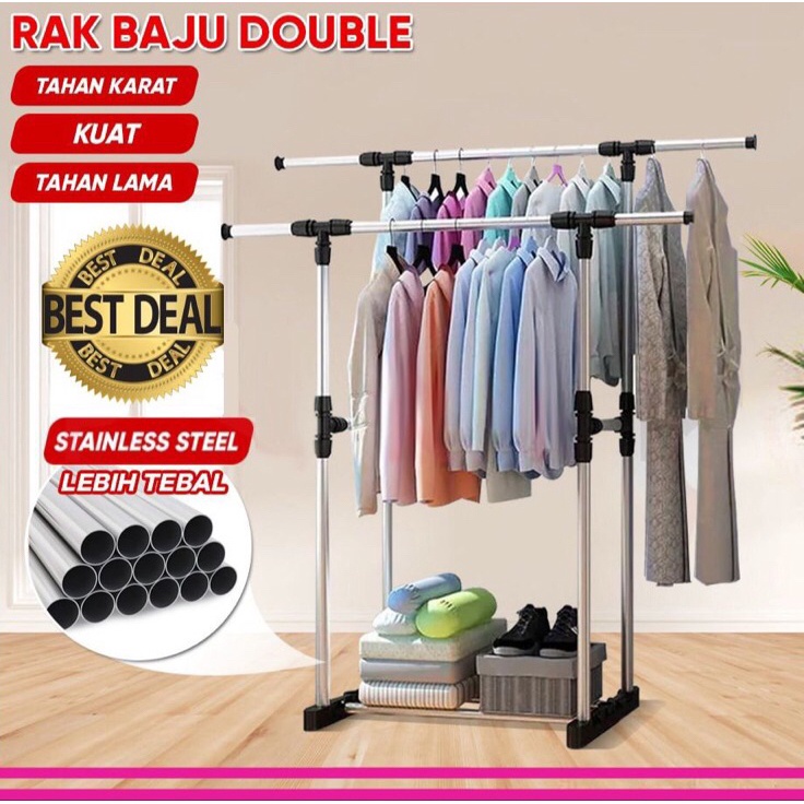 ✻Paling Popular↓ [JR-05] JEMURAN BAJU DOUBLE POOL HITAM RAK BESI STAINLEES / JEMURAN PAKAIAN / STAND