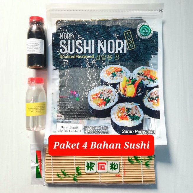 

[KODE PRODUK B0VS08139] Paket bahan sushi tipe 4 lengkap nori cuka bambu sushi shoyu dried seaweed vinegar soy sauce tikar kecap asin shoyu rumput laut