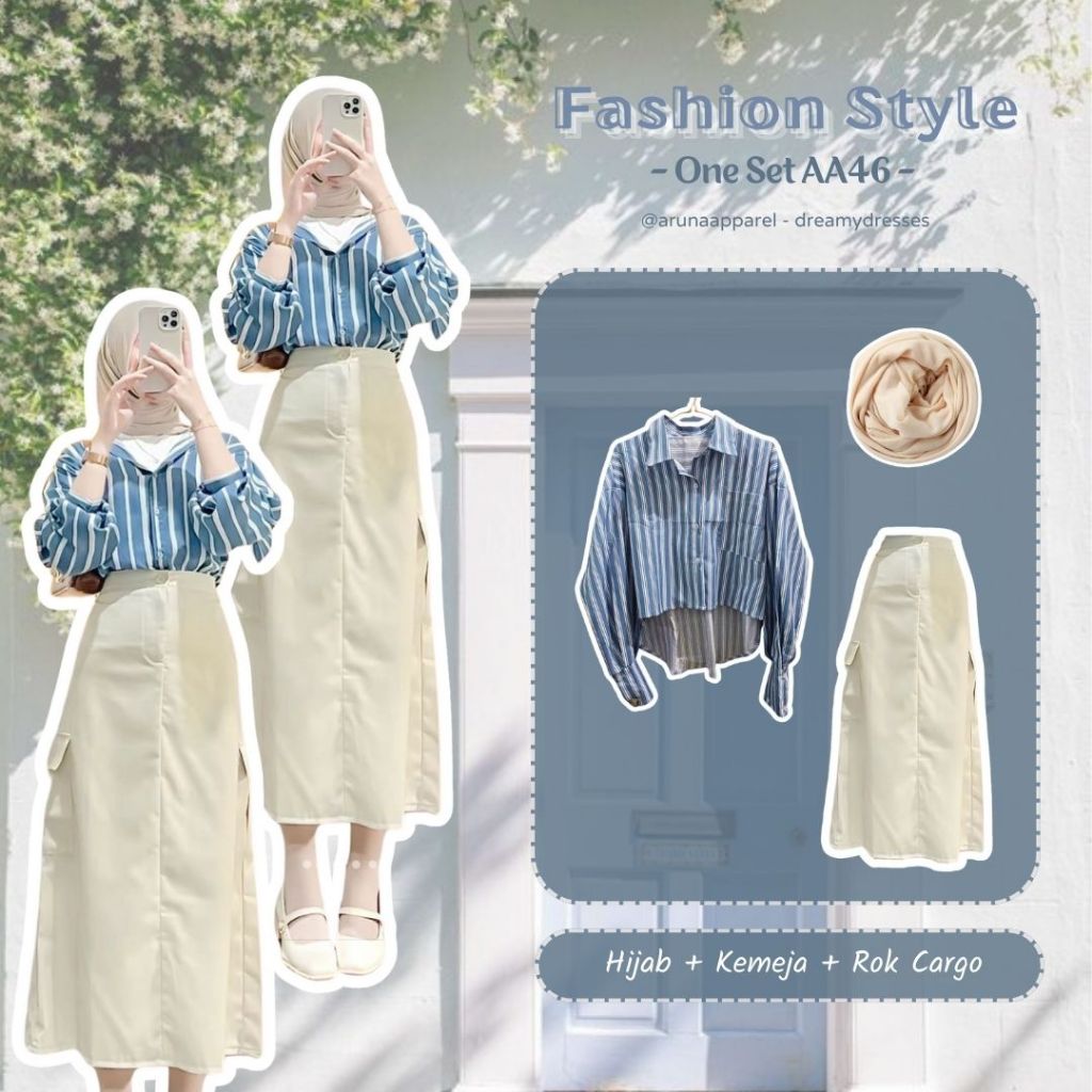 	 3in 1 One Set Cargo One Set Terbaru OOTD Korean Outfit Anak Perempuan Outfit Kerja Nongkrong One Set - AA46	