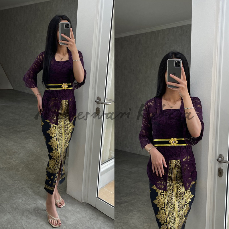 Kebaya Bali Set Brukat Lonceng Ungu Juwet